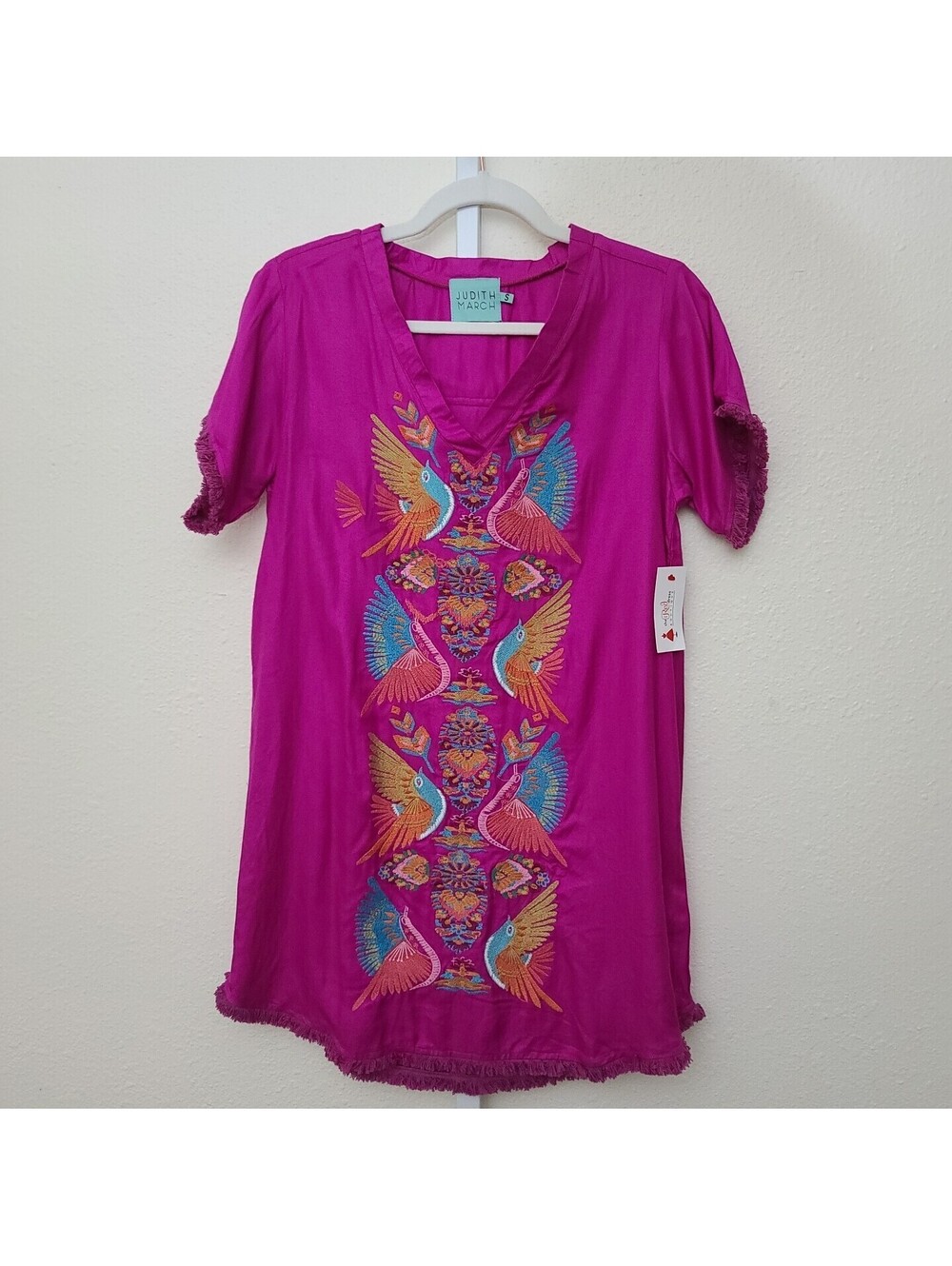 Judith March Women's Shift Dress Size S Embroidered Fuchsia Fringe Hem